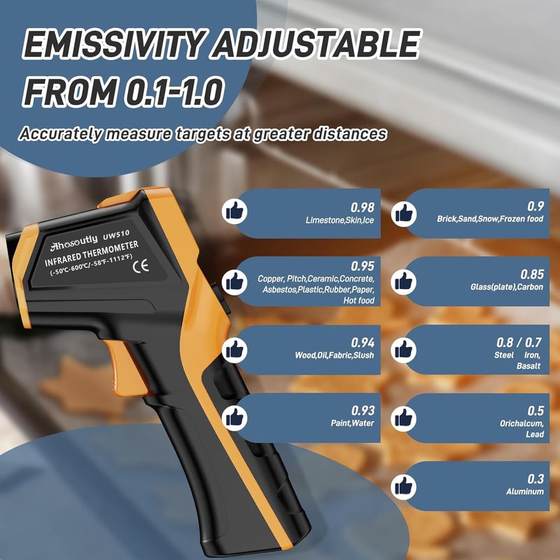 AHOSOUTLY Infrared Thermometer Laser Temperature Gun -58℉ to 1112℉,with Cal Calibration and Adjustable Emissivity,Min& Max Measure,for Cooking,Oven,Meat Food,HVAC,Appliance（Yellow） - Image 4